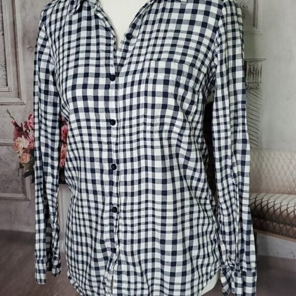 𝅺splendid Black White Plaid Long Sleeve Checkered Button Down Shirt Top Size XS - Picture 4 of 11